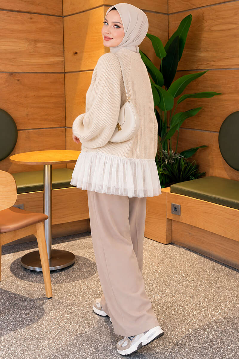 Balloon-Sleeve Knit Cardigan with Tulle Hem - Beige