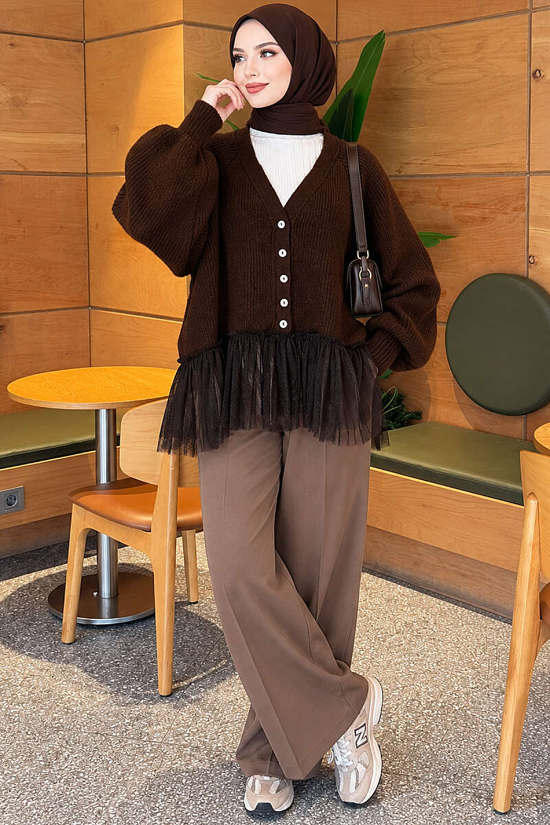Balloon-Sleeve Knit Cardigan with Tulle Hem - Brown