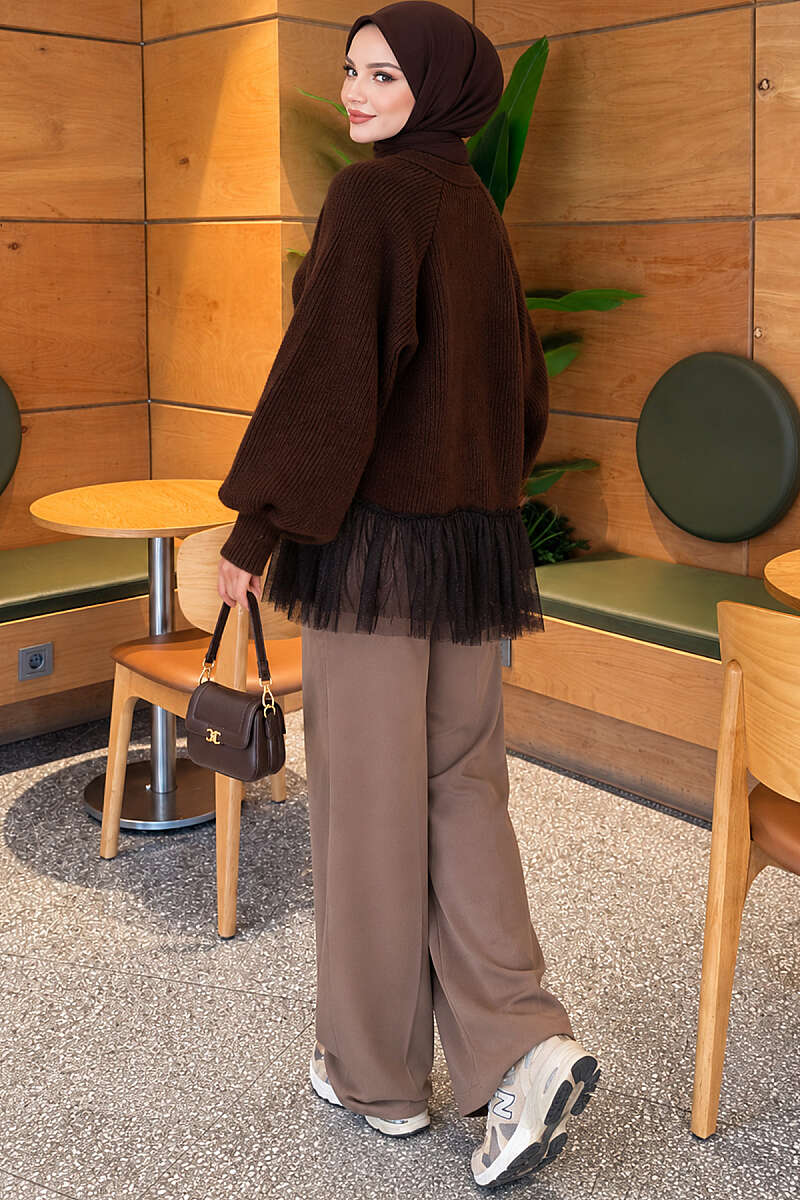 Balloon-Sleeve Knit Cardigan with Tulle Hem - Brown