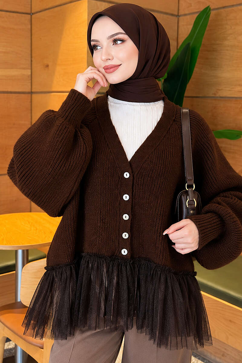 Balloon-Sleeve Knit Cardigan with Tulle Hem - Brown