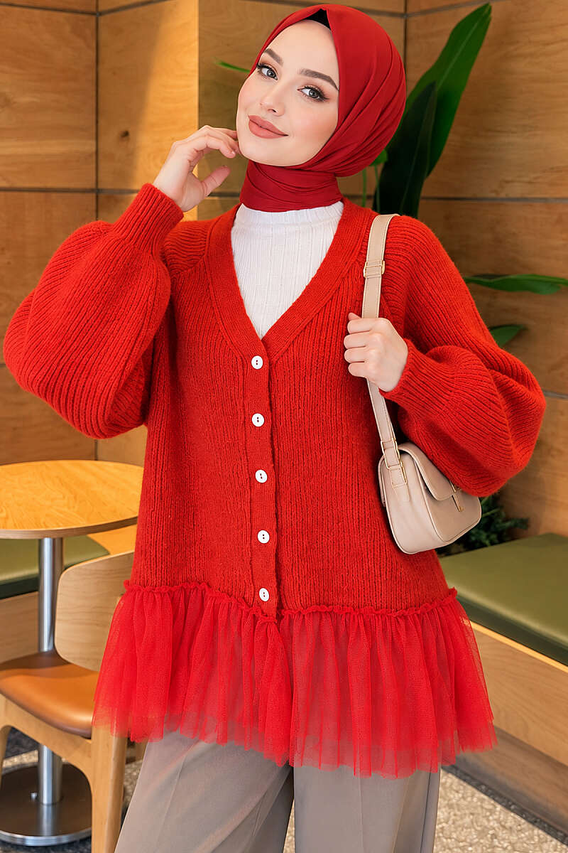 Balloon-Sleeve Knit Cardigan with Tulle Hem - Red