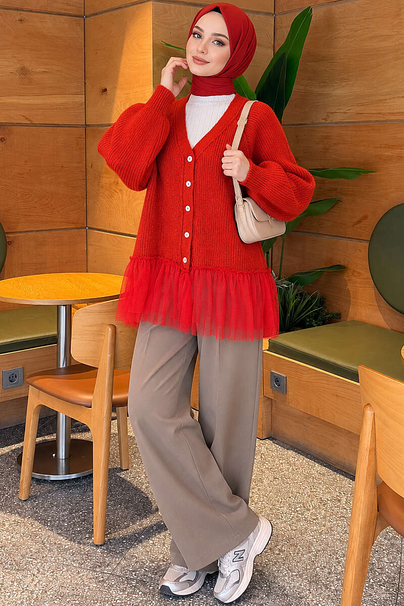 Balloon-Sleeve Knit Cardigan with Tulle Hem - Red