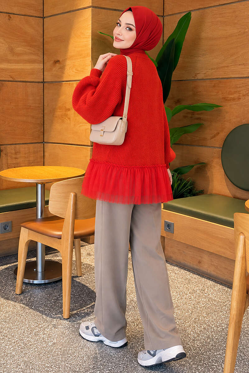 Balloon-Sleeve Knit Cardigan with Tulle Hem - Red