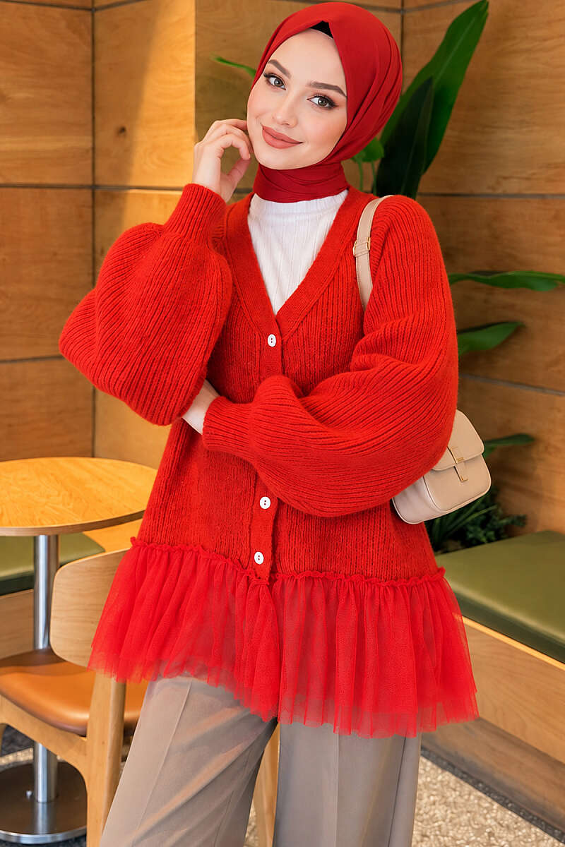 Balloon-Sleeve Knit Cardigan with Tulle Hem - Red