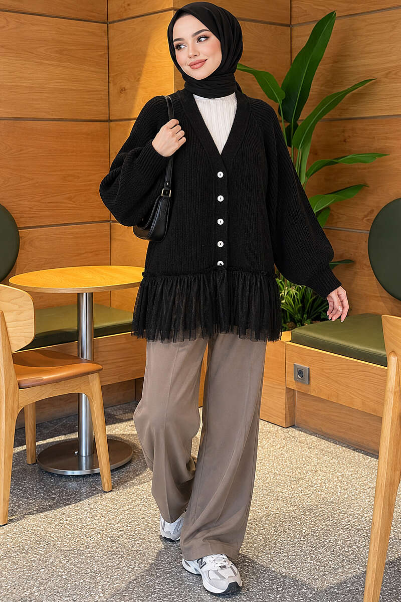 Balloon-Sleeve Knit Cardigan with Tulle Hem - Black