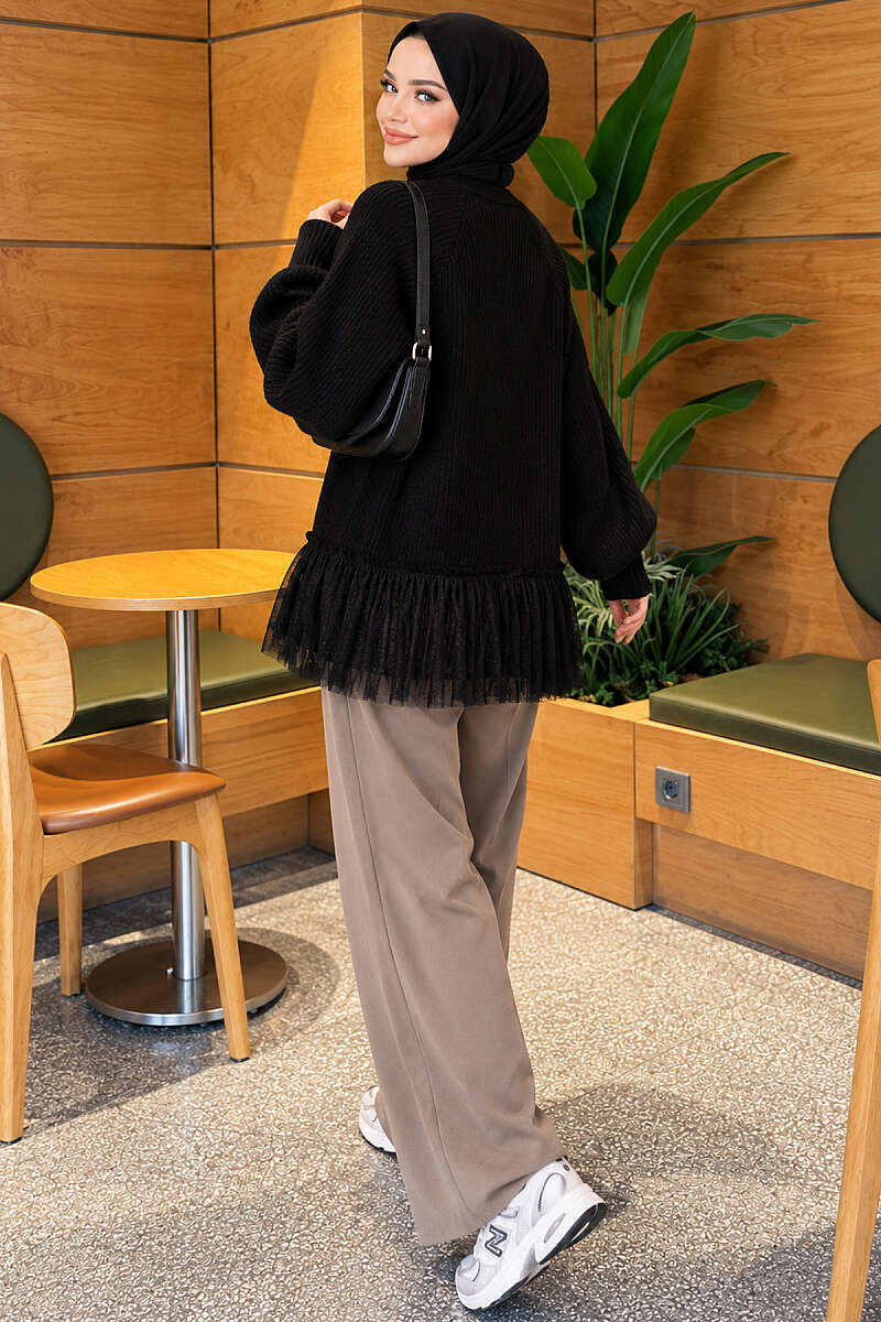 Balloon-Sleeve Knit Cardigan with Tulle Hem - Black