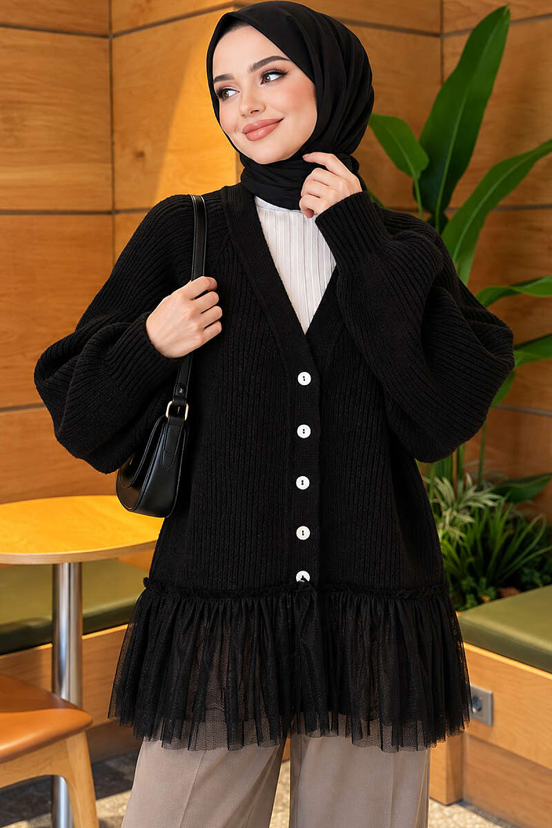 Balloon-Sleeve Knit Cardigan with Tulle Hem - Black