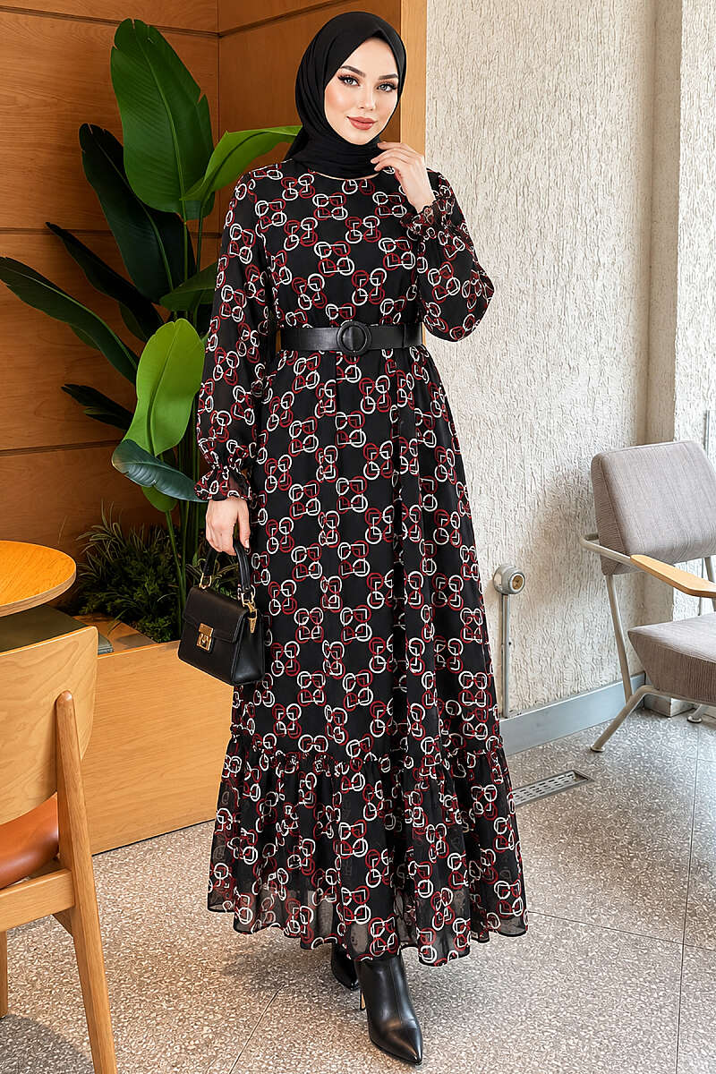 Patterned Chiffon Dress with Gathered Skirt - Burgundy