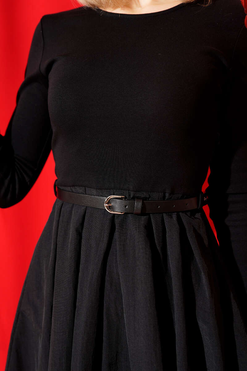 Belted Mini Dress with Skirt Trim - Black