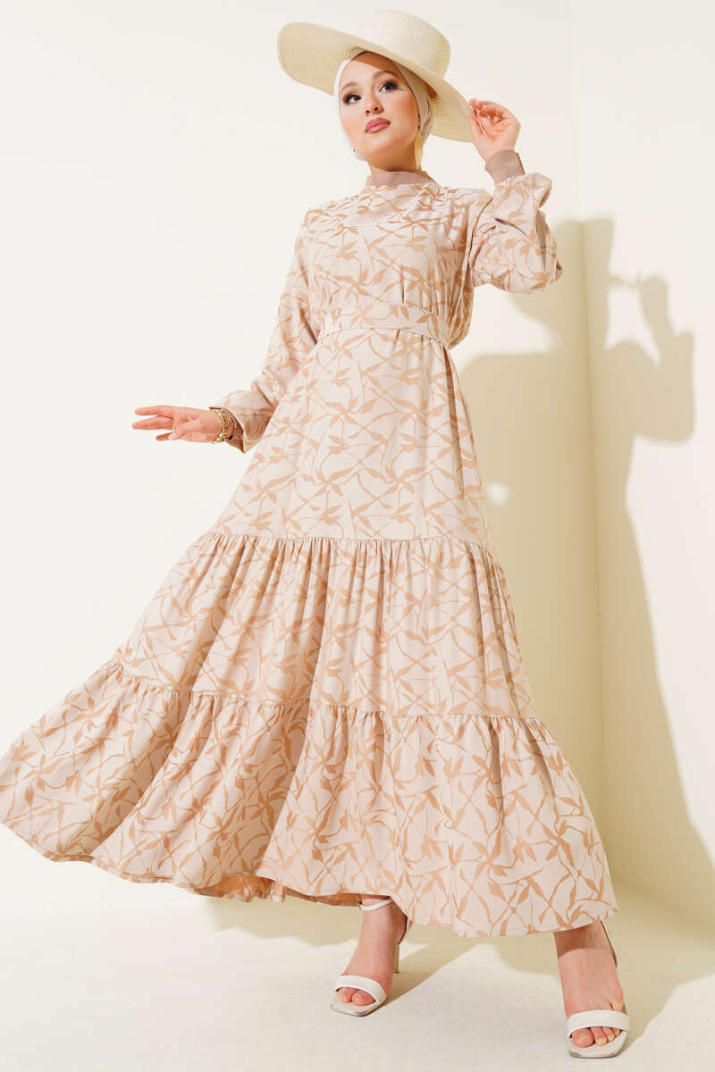 Printed Dress with Pleated Skirt and Sleeves - Beige