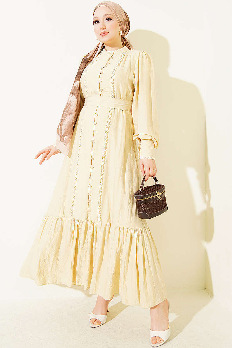 Belted Dress with Pleated Skirt - Honey Beige