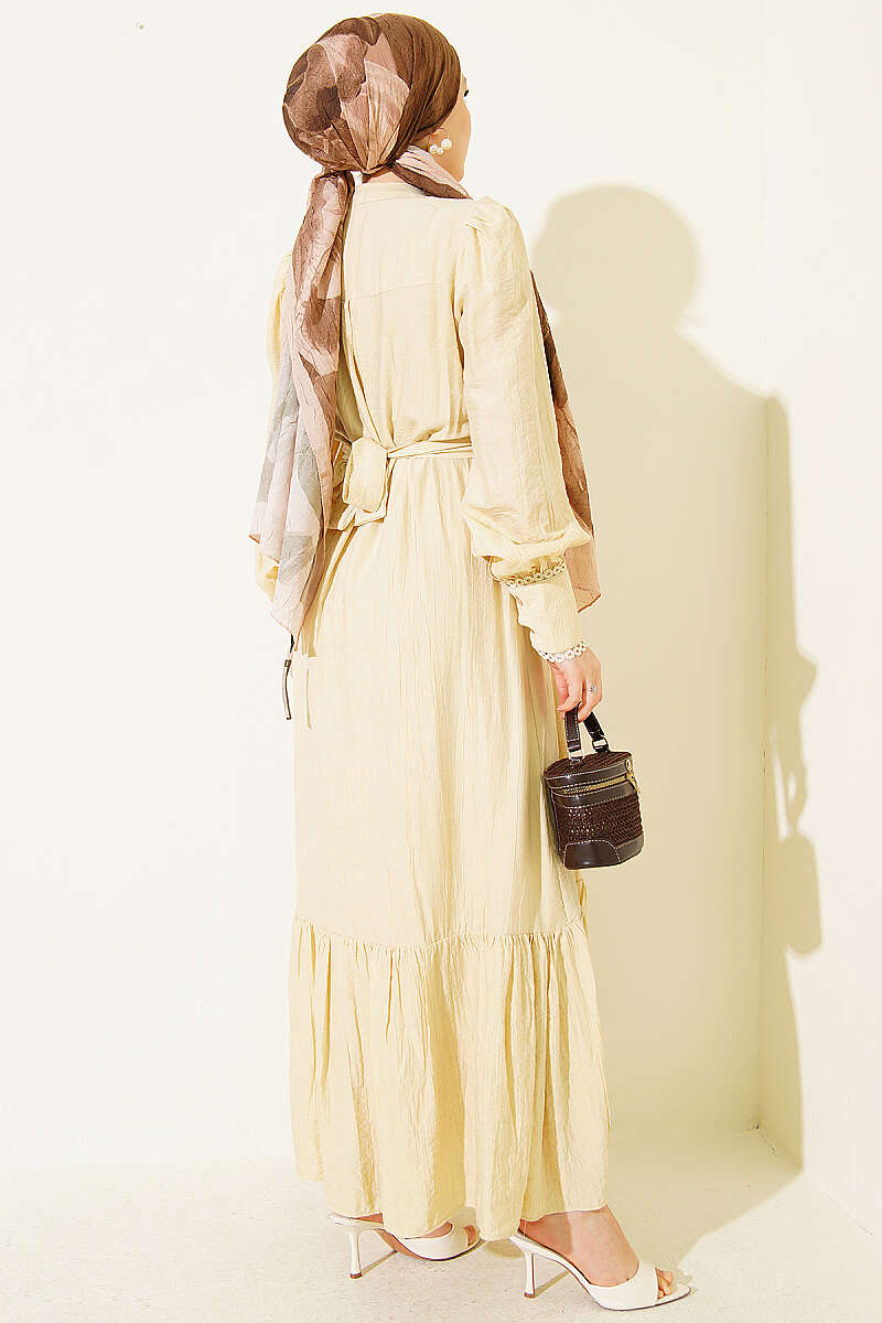 Belted Dress with Pleated Skirt - Honey Beige