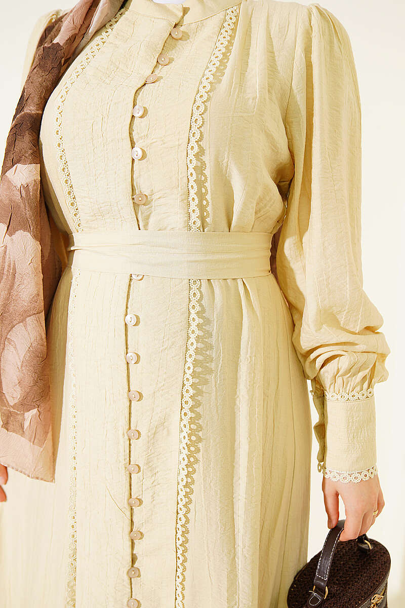 Belted Dress with Pleated Skirt - Honey Beige