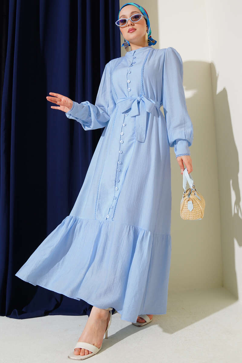 Belted Dress with Pleated Skirt - Light Blue