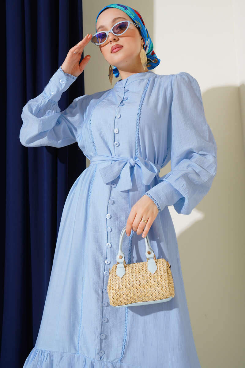 Belted Dress with Pleated Skirt - Light Blue
