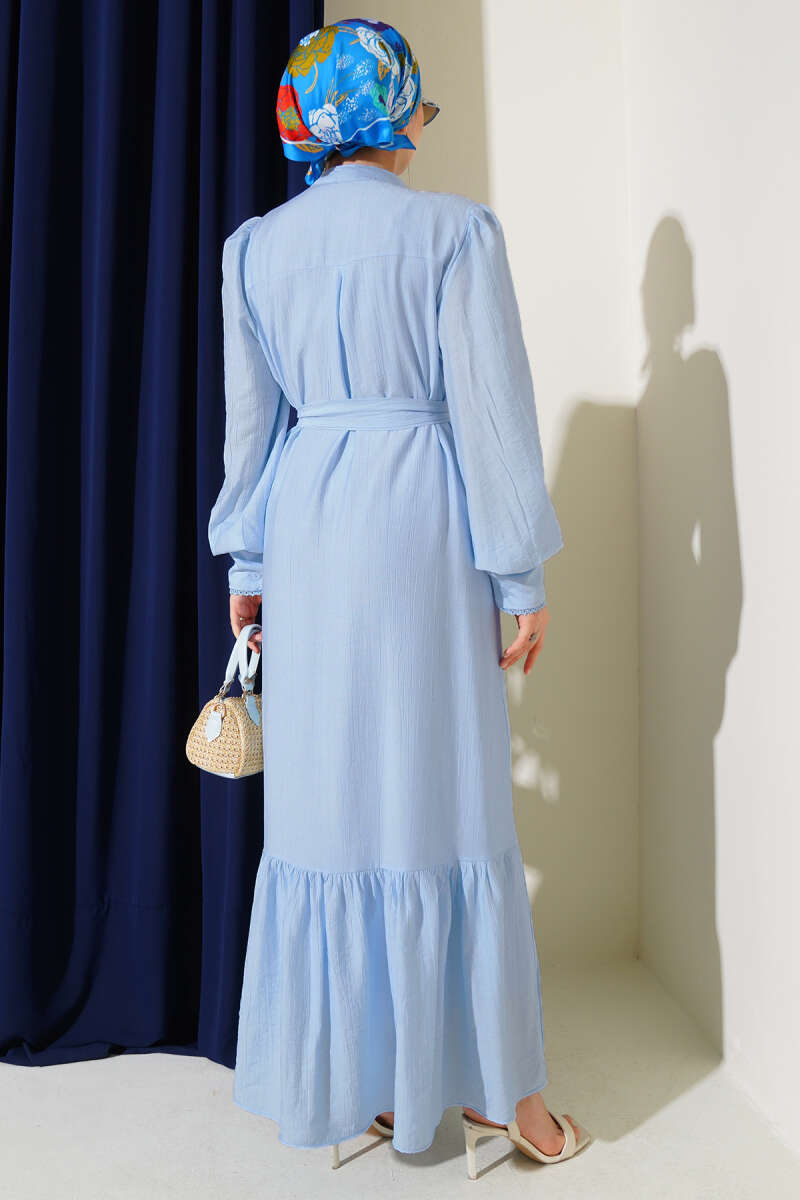 Belted Dress with Pleated Skirt - Light Blue