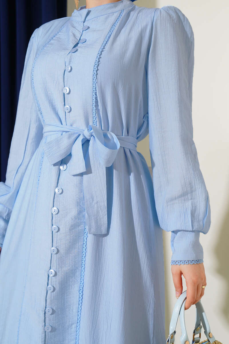Belted Dress with Pleated Skirt - Light Blue