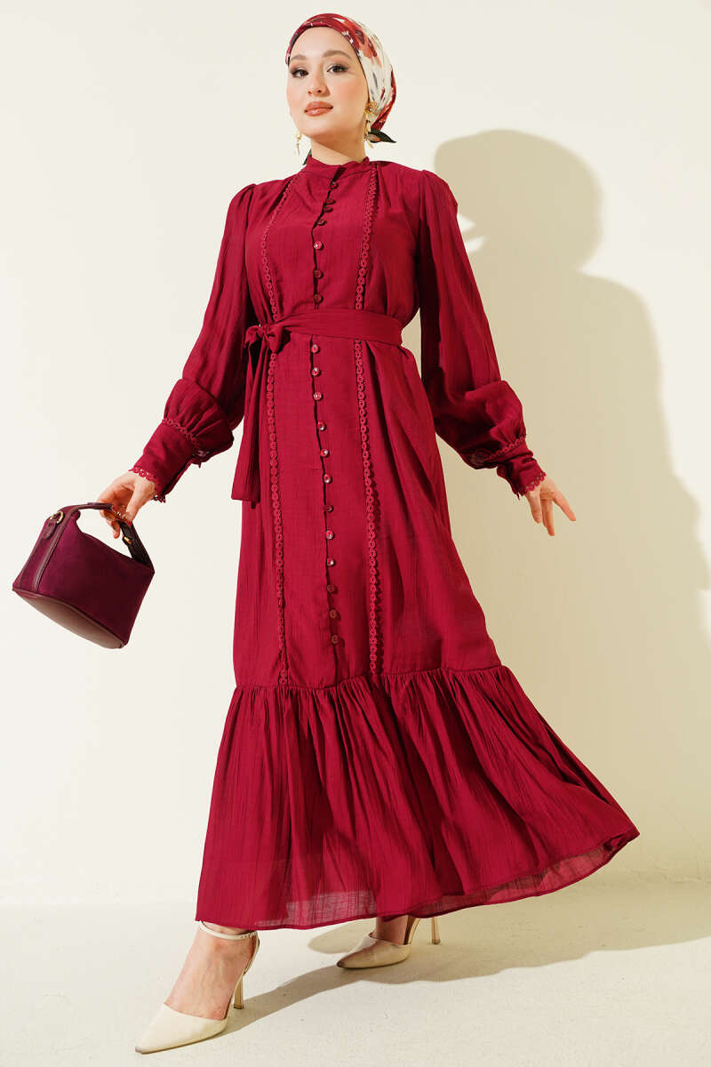 Belted Dress with Pleated Skirt - Burgundy
