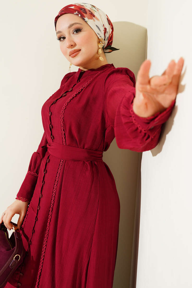 Belted Dress with Pleated Skirt - Burgundy