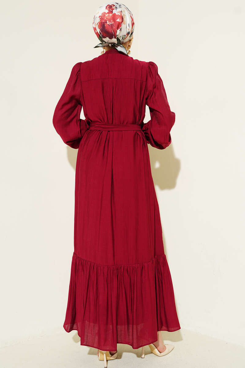 Belted Dress with Pleated Skirt - Burgundy