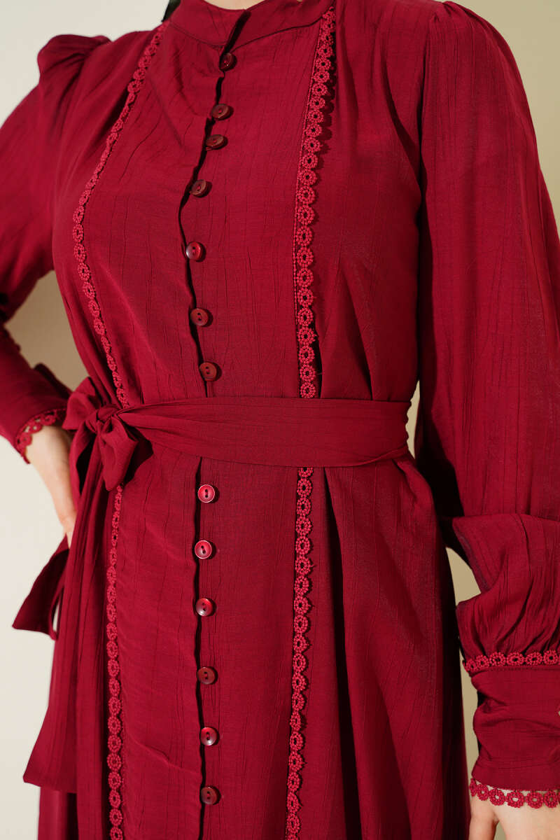 Belted Dress with Pleated Skirt - Burgundy