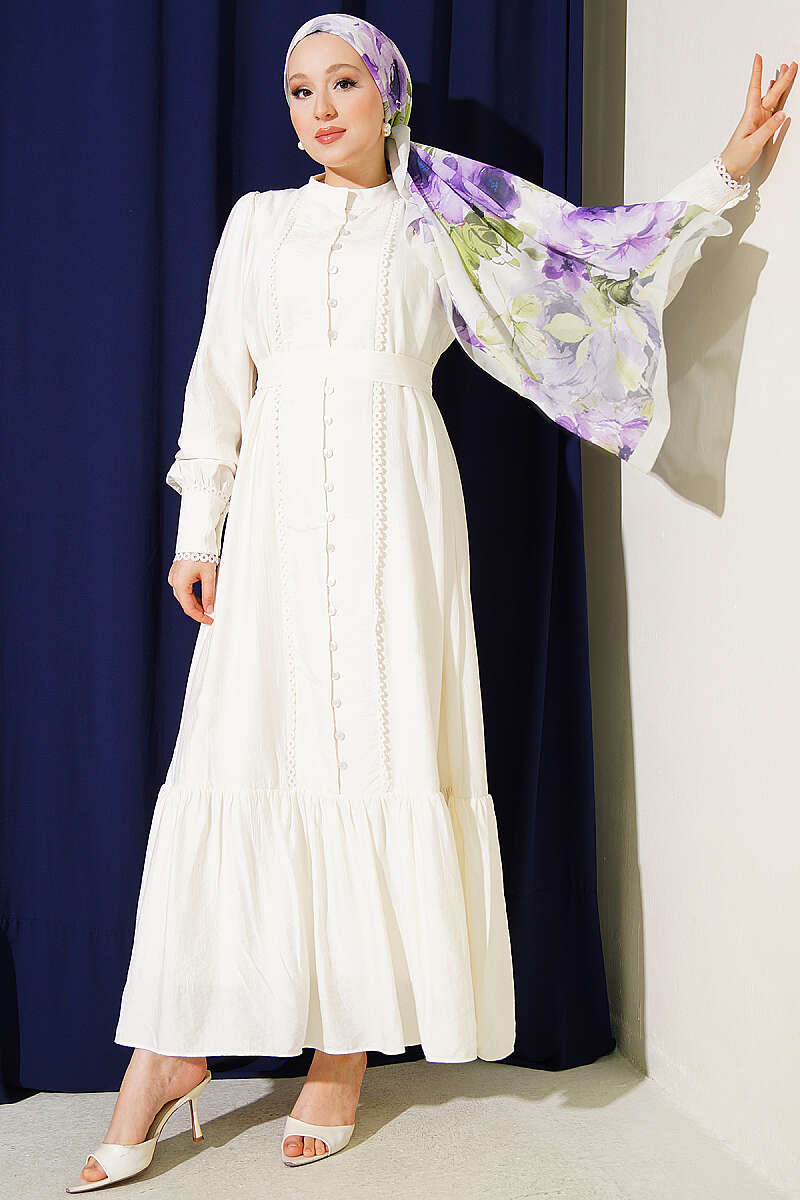 Belted Dress with Pleated Skirt - Ecru