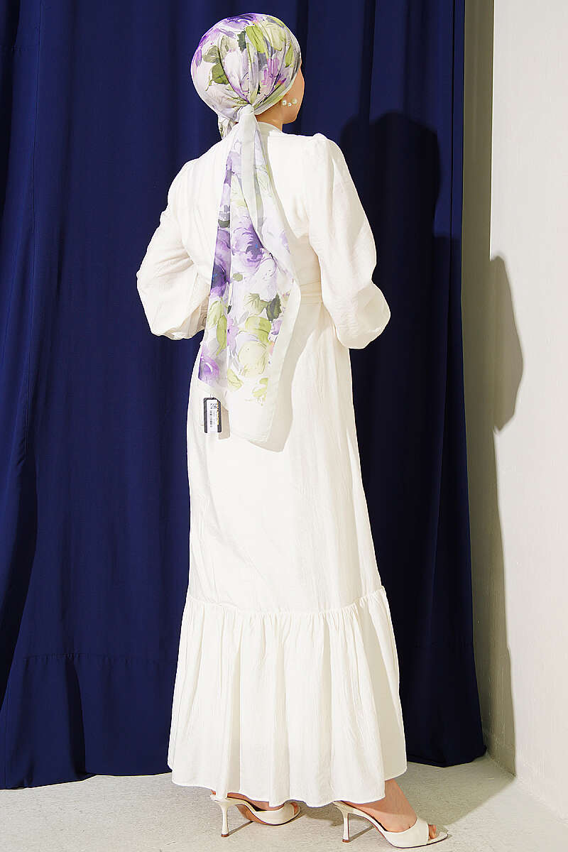 Belted Dress with Pleated Skirt - Ecru