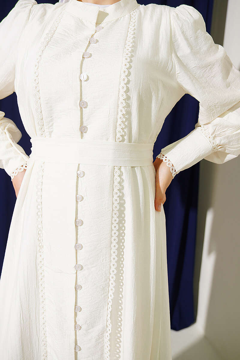 Belted Dress with Pleated Skirt - Ecru