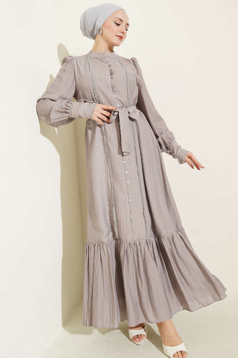 Belted Dress with Pleated Skirt - Grey