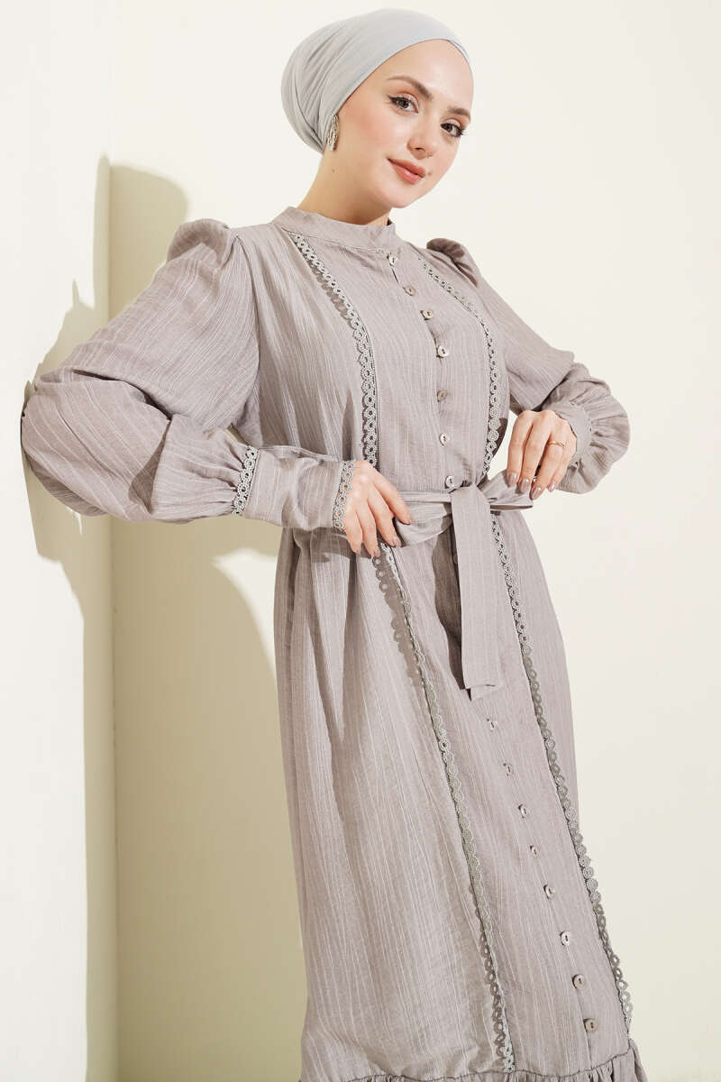 Belted Dress with Pleated Skirt - Grey