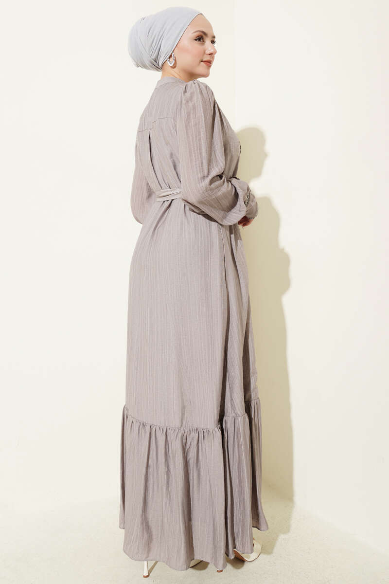 Belted Dress with Pleated Skirt - Grey