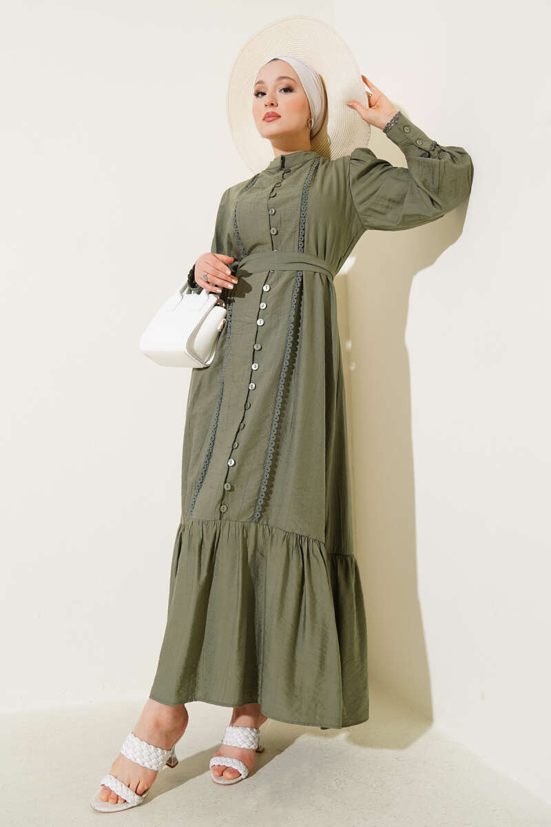 Belted Dress with Pleated Skirt - Khaki
