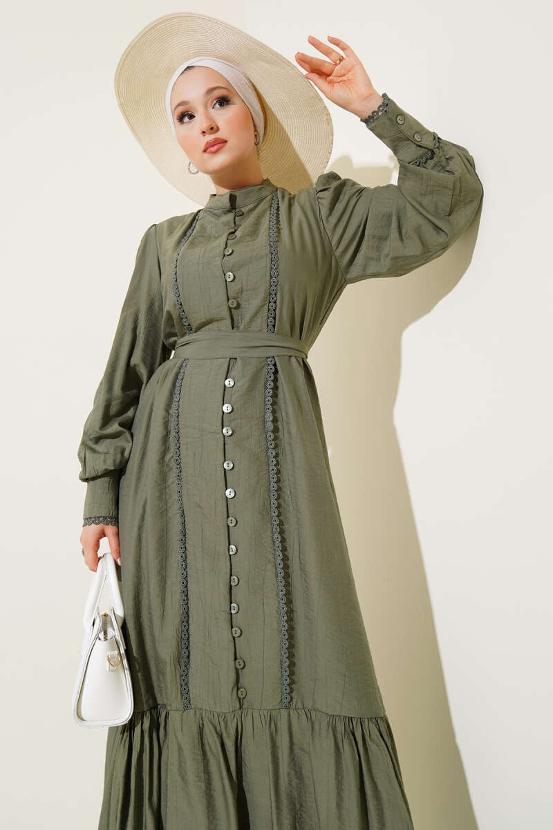 Belted Dress with Pleated Skirt - Khaki