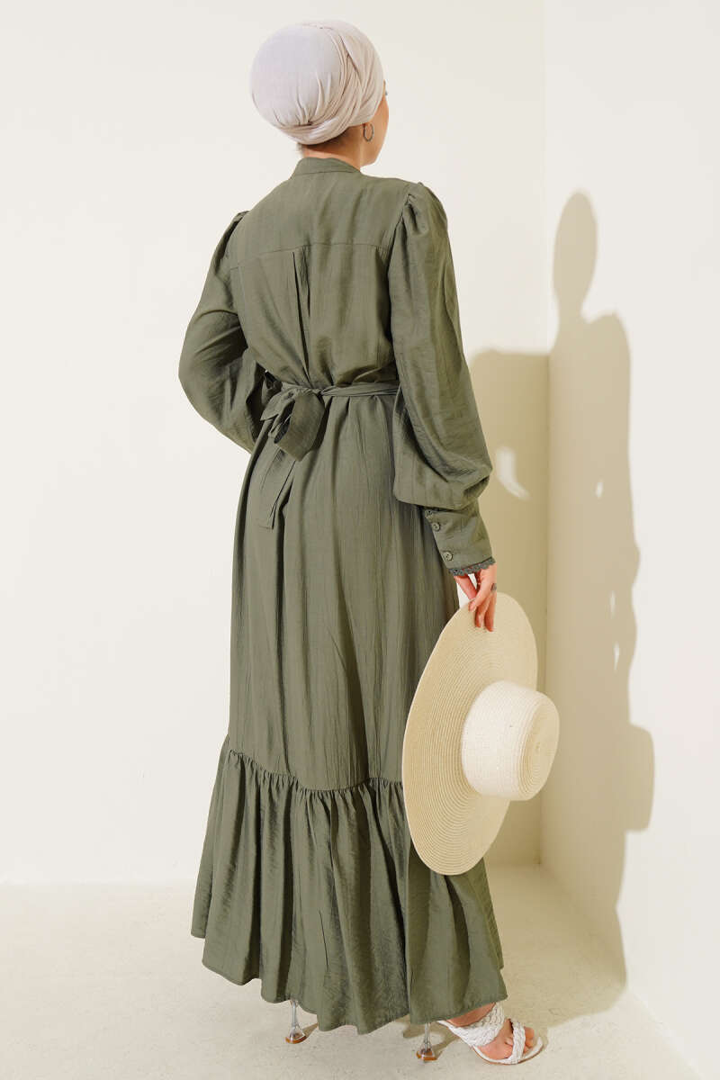 Belted Dress with Pleated Skirt - Khaki