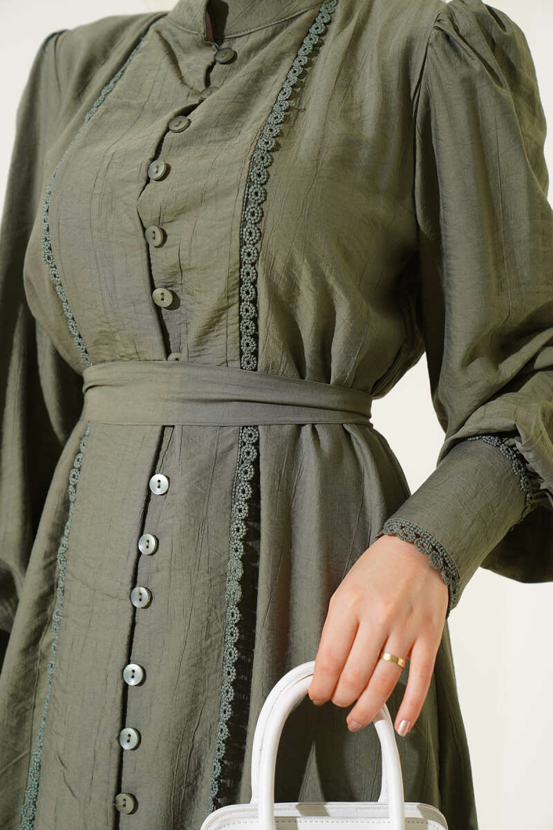 Belted Dress with Pleated Skirt - Khaki