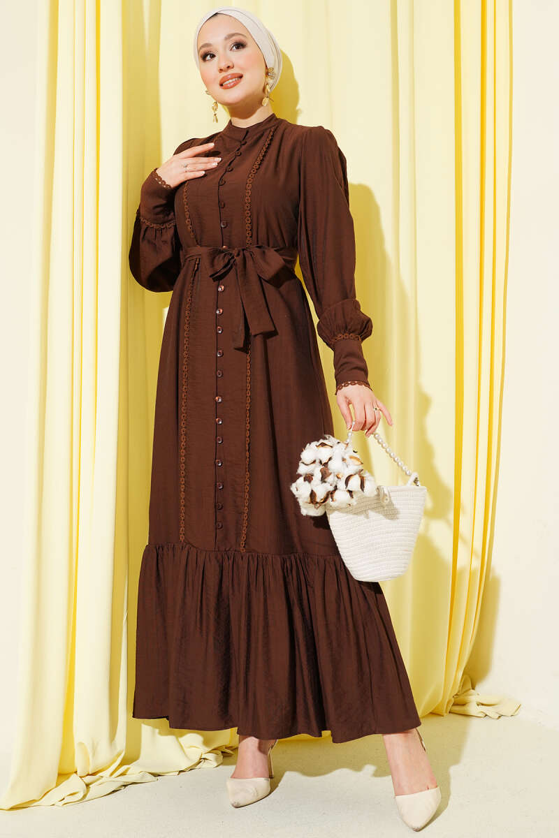 Belted Dress with Pleated Skirt - Brown
