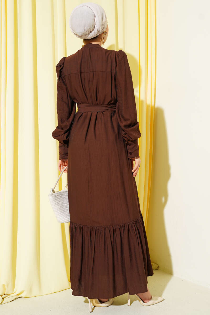 Belted Dress with Pleated Skirt - Brown