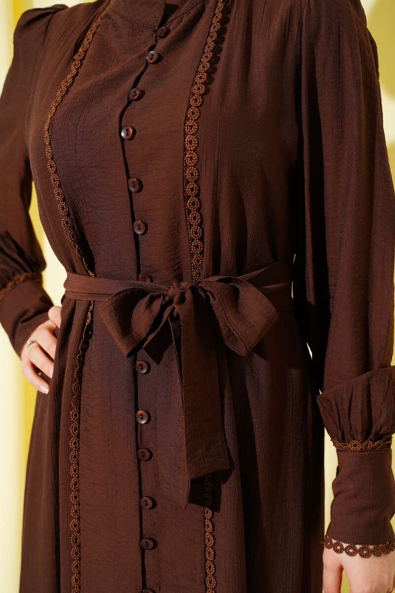 Belted Dress with Pleated Skirt - Brown