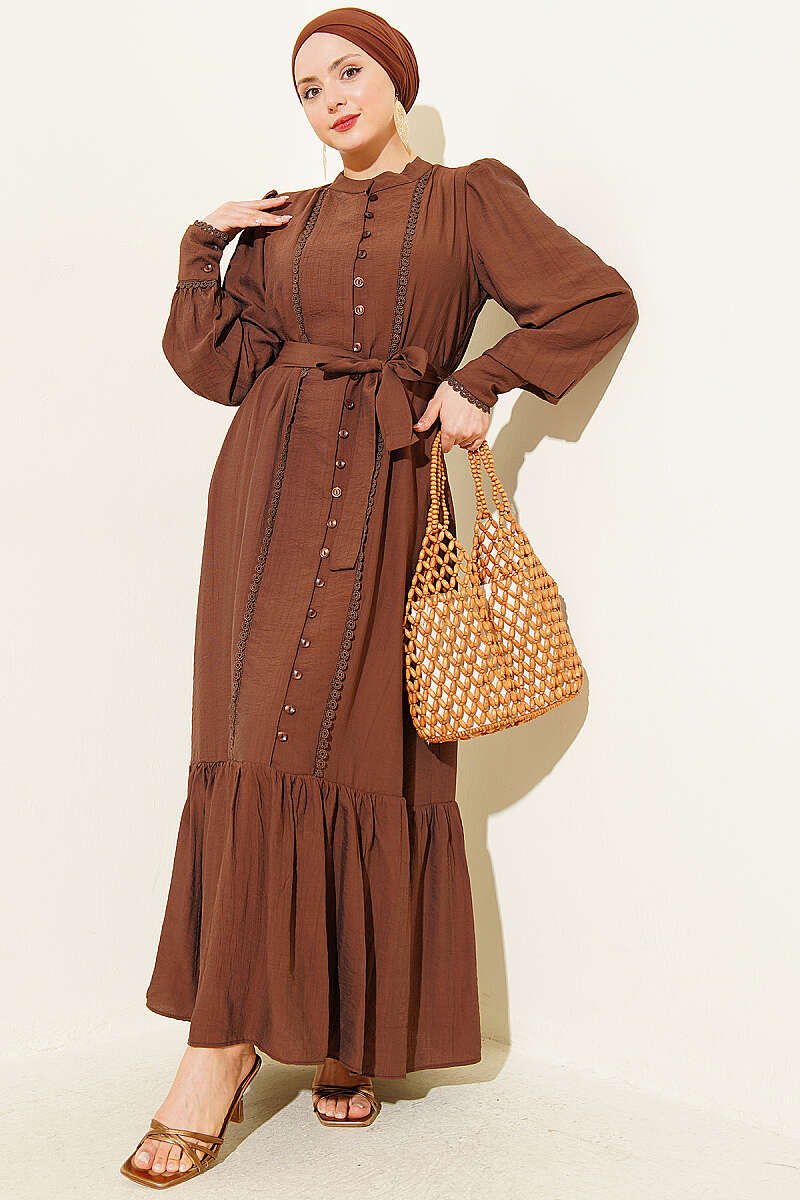 Belted Dress with Pleated Skirt - Chestnut