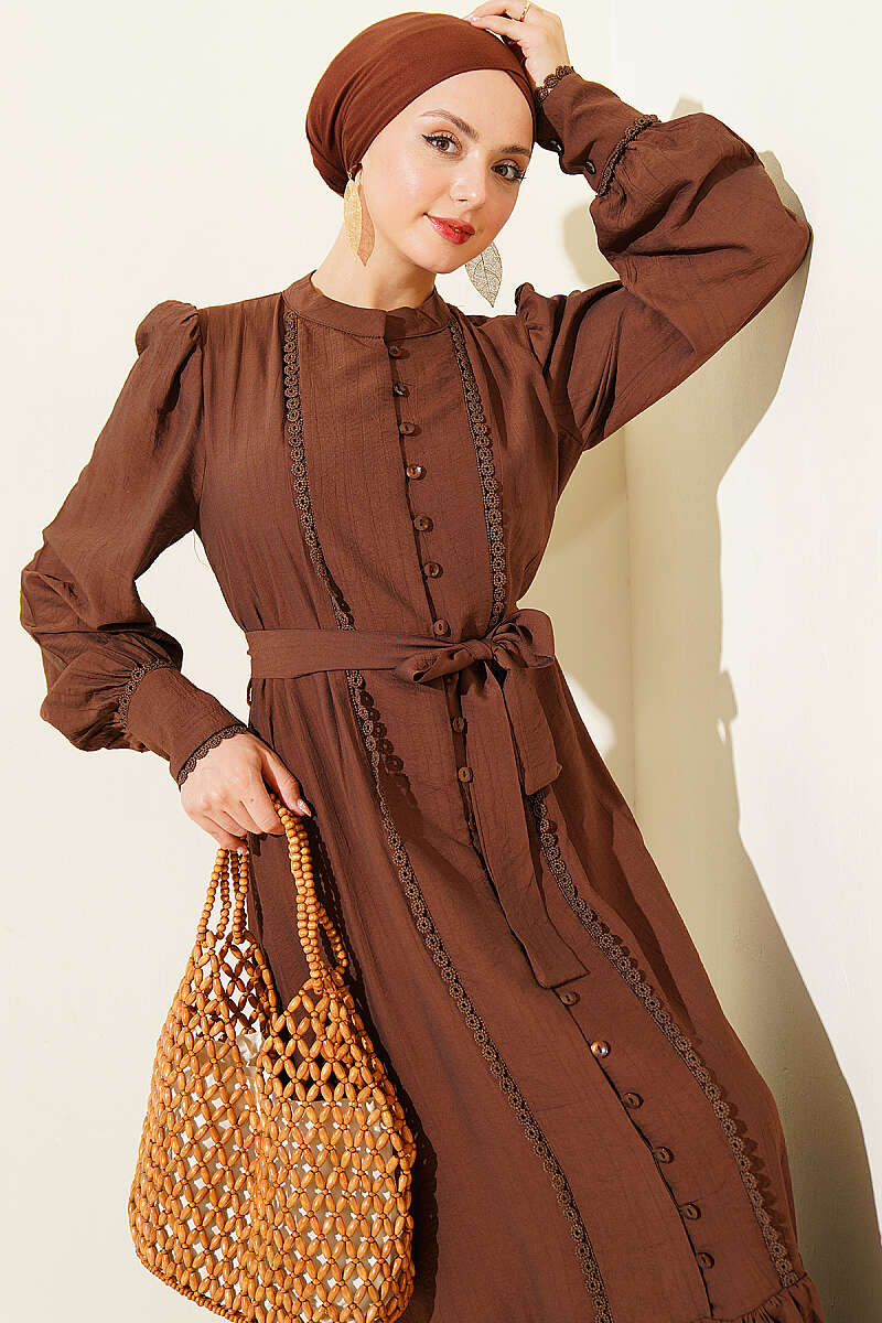Belted Dress with Pleated Skirt - Chestnut