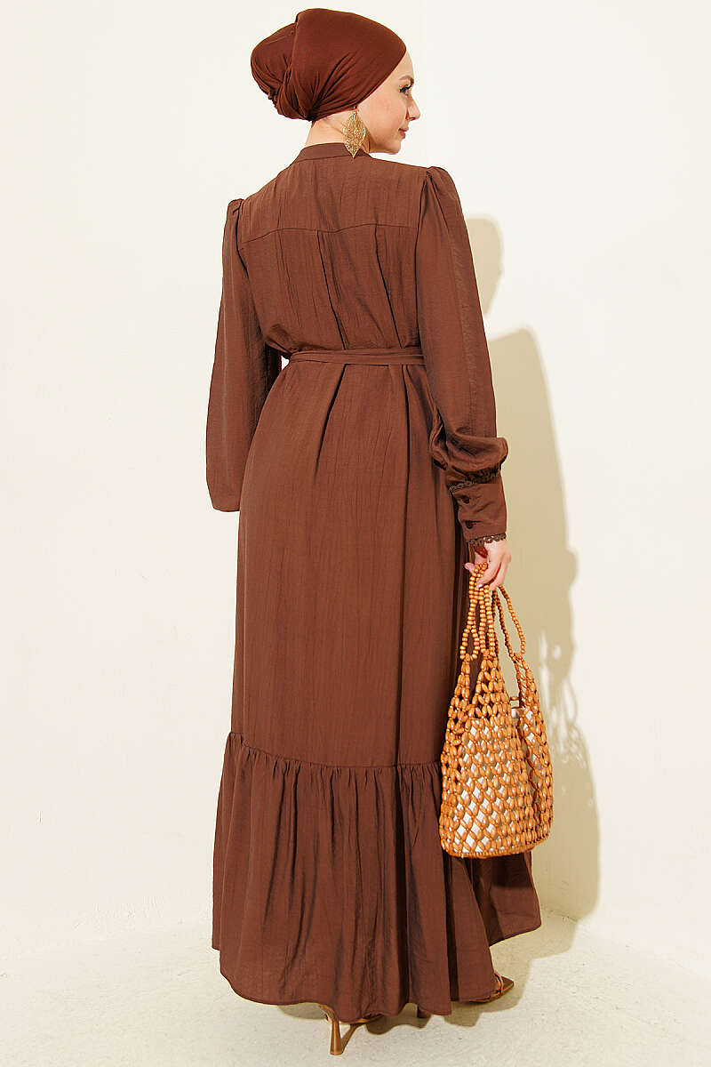 Belted Dress with Pleated Skirt - Chestnut