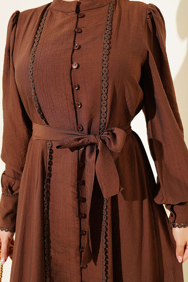 Belted Dress with Pleated Skirt - Chestnut
