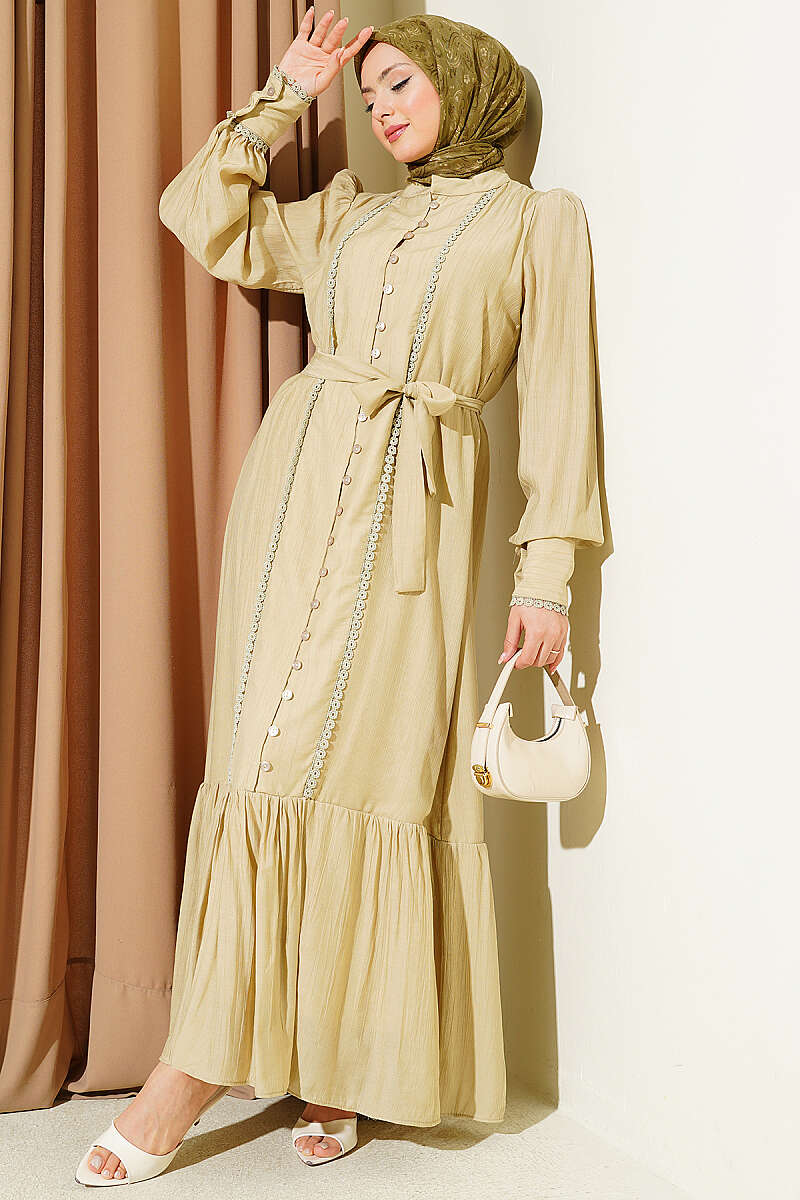 Belted Dress with Pleated Skirt - Dark Olive
