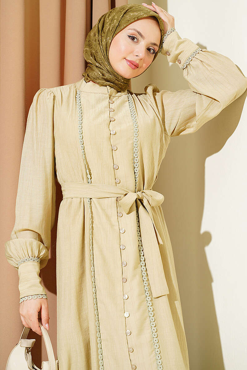 Belted Dress with Pleated Skirt - Dark Olive