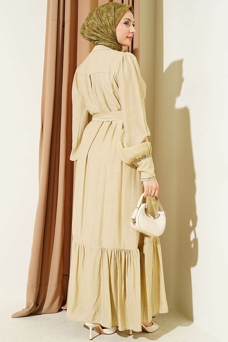 Belted Dress with Pleated Skirt - Dark Olive