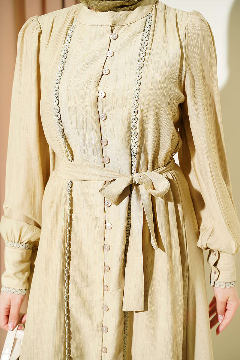 Belted Dress with Pleated Skirt - Dark Olive