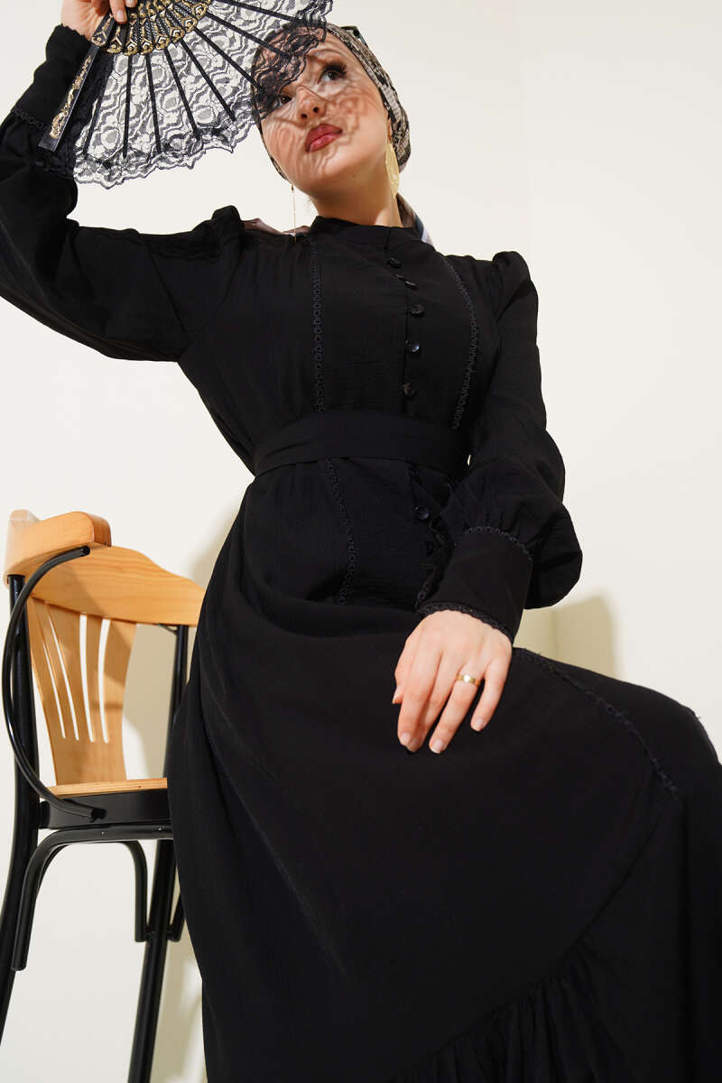 Belted Dress with Pleated Skirt - Black