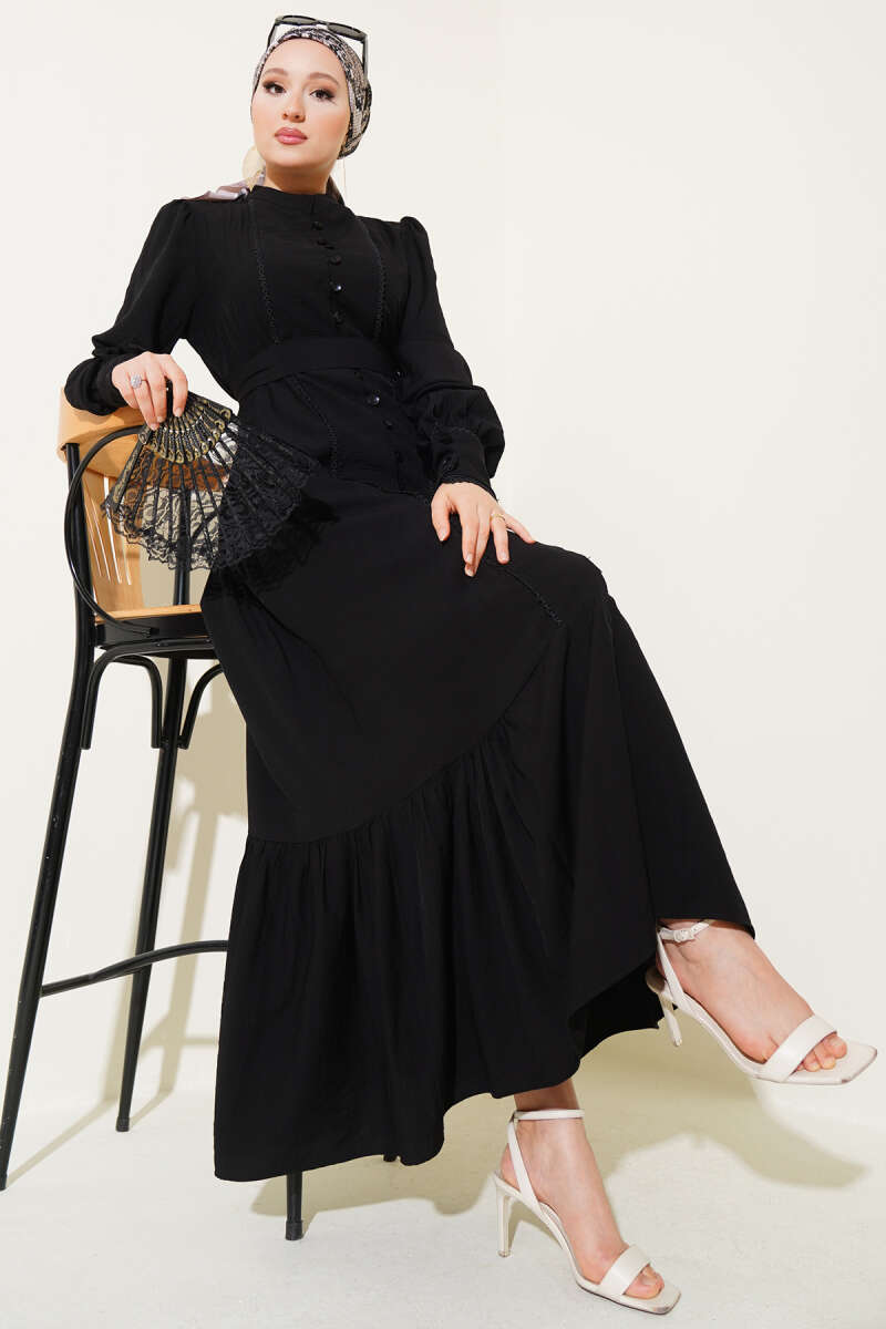Belted Dress with Pleated Skirt - Black