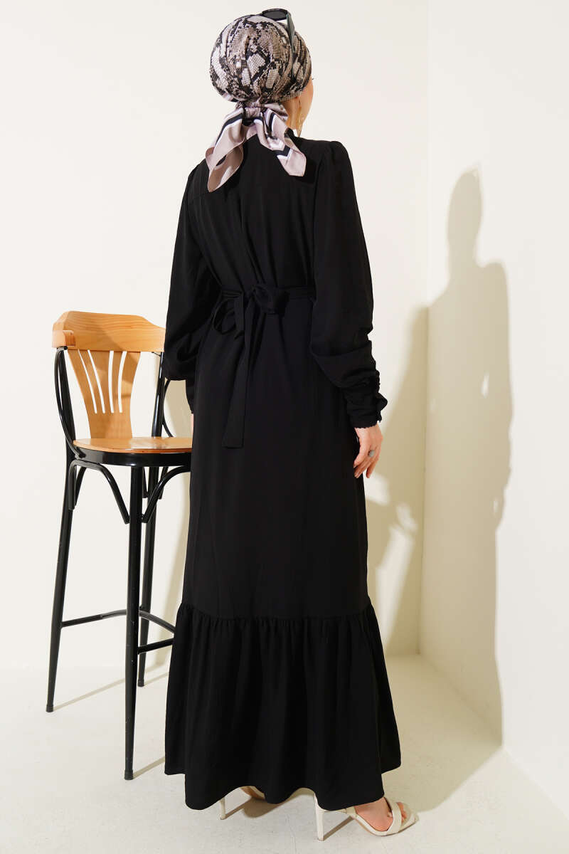 Belted Dress with Pleated Skirt - Black