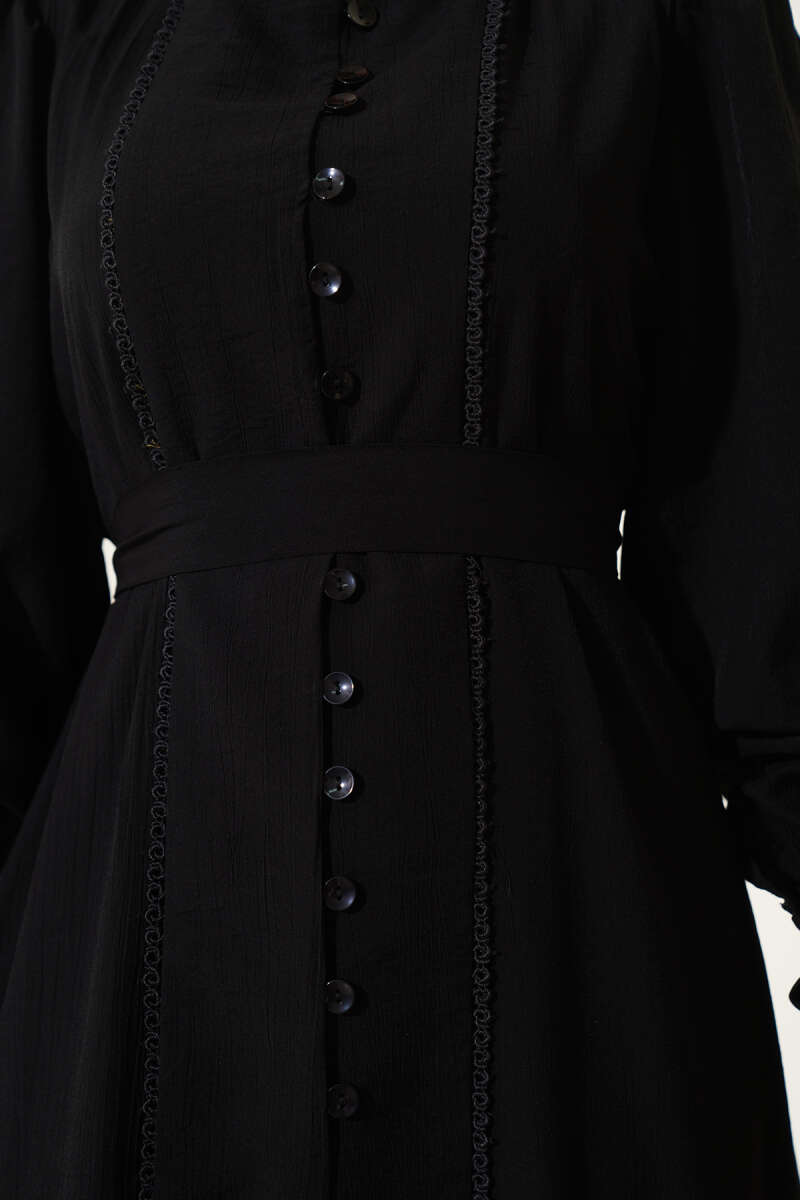 Belted Dress with Pleated Skirt - Black